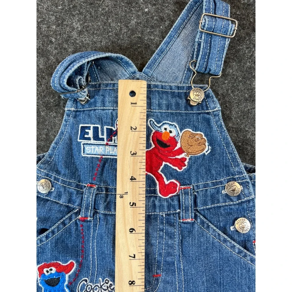 Sesame Street Elmo Cookie Monster Denim Shortalls Baby 3/6M Blue Baseball Retro